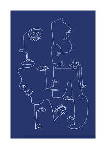 Dessin abstrait au trait de plusieurs visages en blanc sur fond bleu foncé