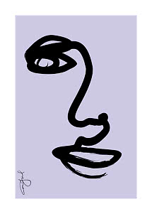 Abstract black line drawing of a face on a light purple background