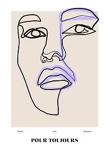 Abstrakt line art-plakat med ansigt i sort og lilla på beige baggrund, tekst nederst