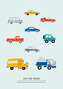 Illustration of various vehicles: taxi, van, sports car, car, pickup, off-road vehicle, police car, bus and truck