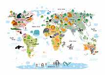 Colorful children's world map with animals across the continents and oceans