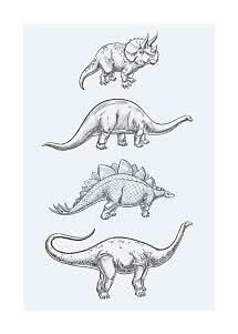 Ilustracja czterech dinozaurów w czarnej kresce na jasnoniebieskim tle