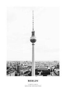 Sort-hvid plakat af Berlins Fernsehturm over byens skyline med teksten Berlin