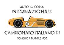 Vintage poster with yellow race car no. 8 and Italian racing text from 1933 on white background