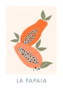 Poster stilizzato con due metà di papaya, semi neri e foglie verdi su sfondo chiaro
