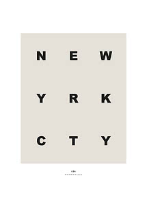 Minimalistisk poster med NEW YORK CITY i svarta bokstäver på beige bakgrund, USA och koordinater längst ner