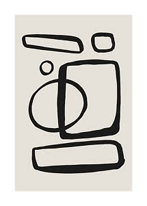 Abstrakt plakat med sorte organiske geometriske former på lys beige baggrund