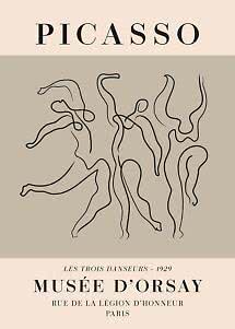 Picasso-Poster mit abstrakten Tänzern in schwarzer Linienzeichnung auf beige und Text Musée d'Orsay Paris