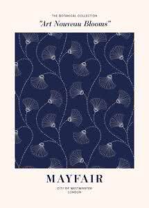 Poster met donkerblauw Art Nouveau-bloemenpatroon en tekst Mayfair, City of Westminster London