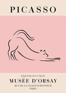 Poster Picasso con disegno minimalista a linee di un gatto sdraiato su sfondo rosa.