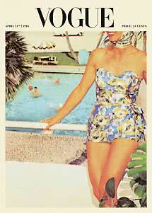 Copertina vintage di Vogue con donna in costume floreale accanto a una piscina tropicale