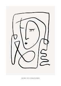 Dessin abstrait au trait noir d’un visage sur fond beige avec le texte Musée de l'Orangerie