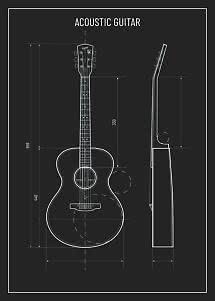 Teknisk tegning af akustisk guitar set forfra og fra siden med mål på sort baggrund