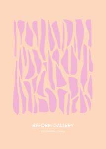 Abstrakt poster med rosa organiska former på persikofärgad bakgrund och texten Reform Gallery