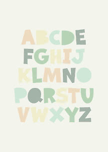 Poster with alphabet letters in soft pastel colors on a light background
