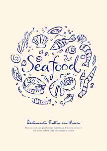 Illustreret seafood-plakat med fisk, skaldyr og tekst om Restaurant Frutti di Mare