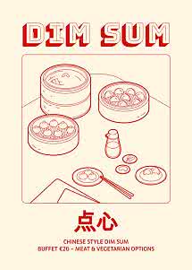 Plakat für Dim-Sum-Buffet mit Dampfkörben, Teigtaschen und Text zu chinesischem Buffet, 20 €.
