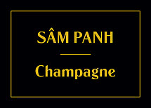 Black label with gold border and the words “SÂM PANH” and “Champagne” in gold