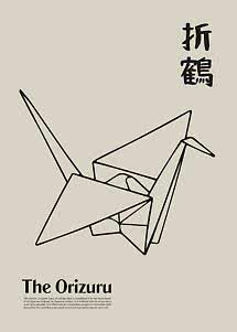 Minimalistisk plakat med sort stregtegning af en origami-trane og teksten "The Orizuru"