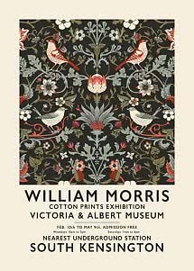 Plakat for William Morris-udstilling med symmetrisk blomstermønster og fugle på mørk baggrund