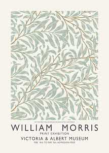 Plakat med William Morris-pilegrene i lysegrønt og beige samt udstillingstekst for Victoria & Albert Museum