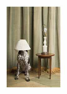 Plissierter Lampenschirm auf einem gefleckten Hund neben Tischlampe vor grünen Vorhängen