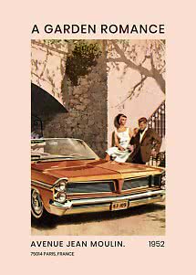 Vintage poster with brown convertible and elegant couple by stone steps in Paris, 1952