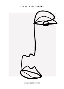 Minimalist poster with black line-drawn face and French text on a light background