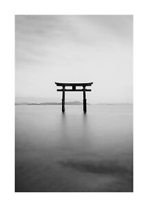 Black-and-white photo of a Japanese torii gate in calm water with mountains in the distance
