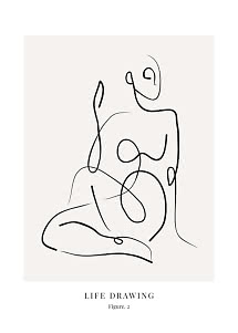 Minimalistisk line art-plakat af siddende menneskefigur på lys baggrund med teksten "Life Drawing"
