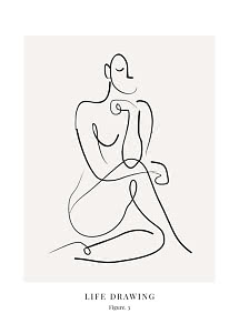 Minimalist line drawing of a seated woman on a beige poster with text "Life Drawing Figure. 3"