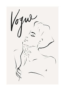 Minimalist line drawing of a woman's face with the word "Vogue" on a light background