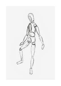 Sketch of a wooden mannequin in a walking pose on a white background