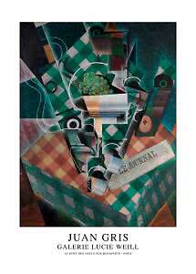 Poster con natura morta cubista di Juan Gris con uva, bottiglia, bicchiere e giornale su tavolo a quadri.