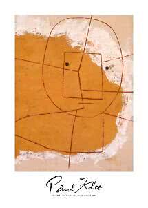 Abstraktes Poster in Ocker und Weiß mit roten Linien, geometrischen Formen und Paul-Klee-Signatur
