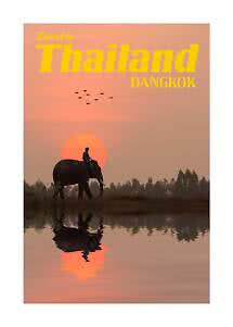 Affiche de voyage Thaïlande Bangkok avec éléphant et cavalier au coucher du soleil