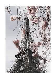 Eiffelturm von unten durch rosa Kirschblüten vor hellem Himmel gesehen