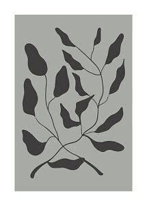 Abstrakt botanisk motiv med mørke blade og grene på grå baggrund