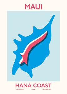 Grafisches Maui Hana Coast Poster mit blauer Küstenform und rosa Welle auf hellem Hintergrund