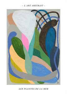 Poster astratto con forme organiche colorate e linee curve, con testo in francese