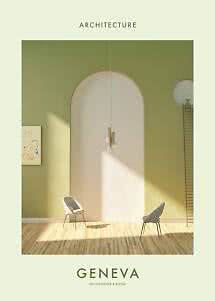 Poster of a minimalist green interior with arched wall, two chairs, and Geneva text