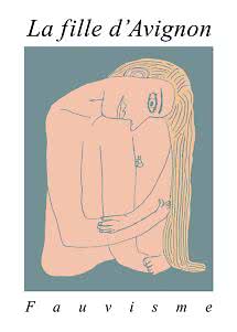 Poster with minimalist line drawing of seated woman with long hair and text La fille d’Avignon Fauvisme
