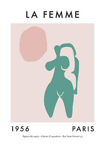 Abstract poster with green female figure, pink circle, and text "LA FEMME 1956 PARIS"