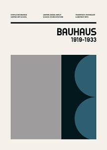 Minimalistisk Bauhaus-plakat med teksten 1919-1933 og abstrakte geometriske former i grå og blå