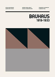 Minimalistisk Bauhaus-affisch med texten "Bauhaus 1919-1933" och geometriska färgfält