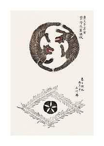 Japanischer Druck mit zwei stilisierten Tigern im Kreis, Kalligrafie und botanischem Emblem unten