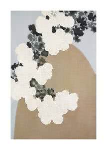 Illustration of white flower clusters with dark leaves over a beige rounded form on a light gray background