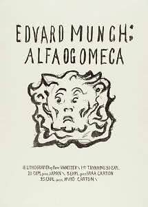 Plakat med teksten "Edvard Munch: Alfa og Omega" og en sort skitse af et ansigt.