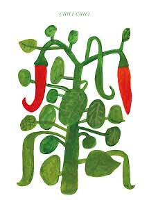Ilustracja zielonej rośliny chili z liśćmi i dwoma czerwonymi papryczkami na białym tle