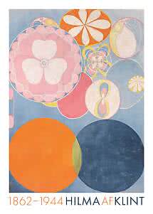 Abstrakt plakat med farvede cirkler og blomsterformer af Hilma af Klint på lyseblå baggrund